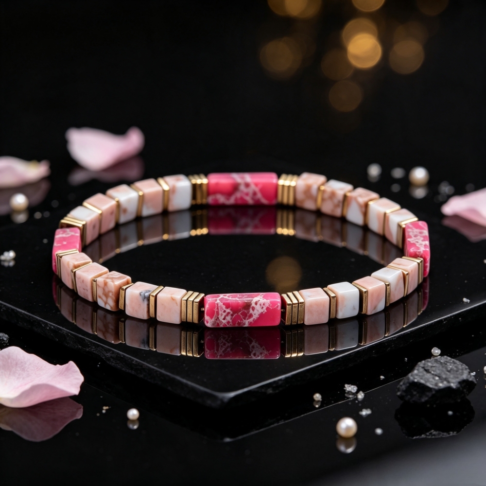 Square Beaded Bracelet of Natural Pink Imperial Stone